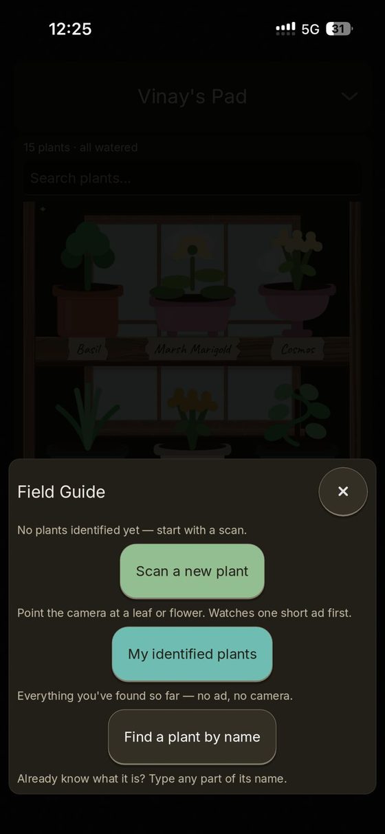 The Field Guide: scan a new plant, browse the ones you've identified, or find one by name.