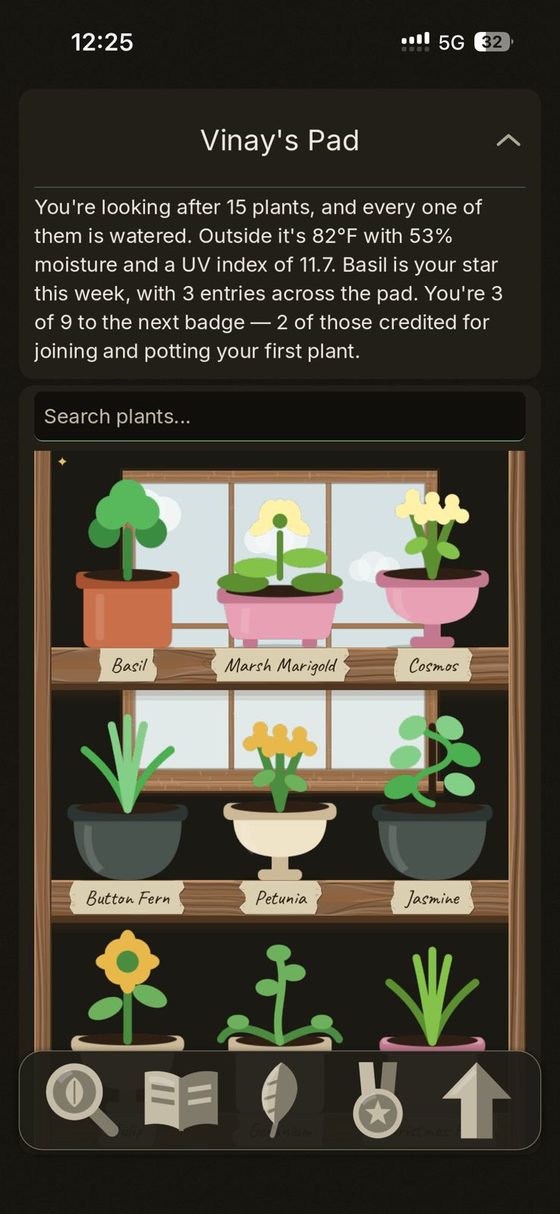 The Pad summary card: a plain-language note on watered plants and the weather outside.