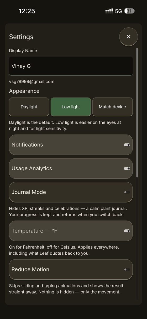 Settings: appearance, notifications, temperature units, Journal Mode, and reduce-motion.
