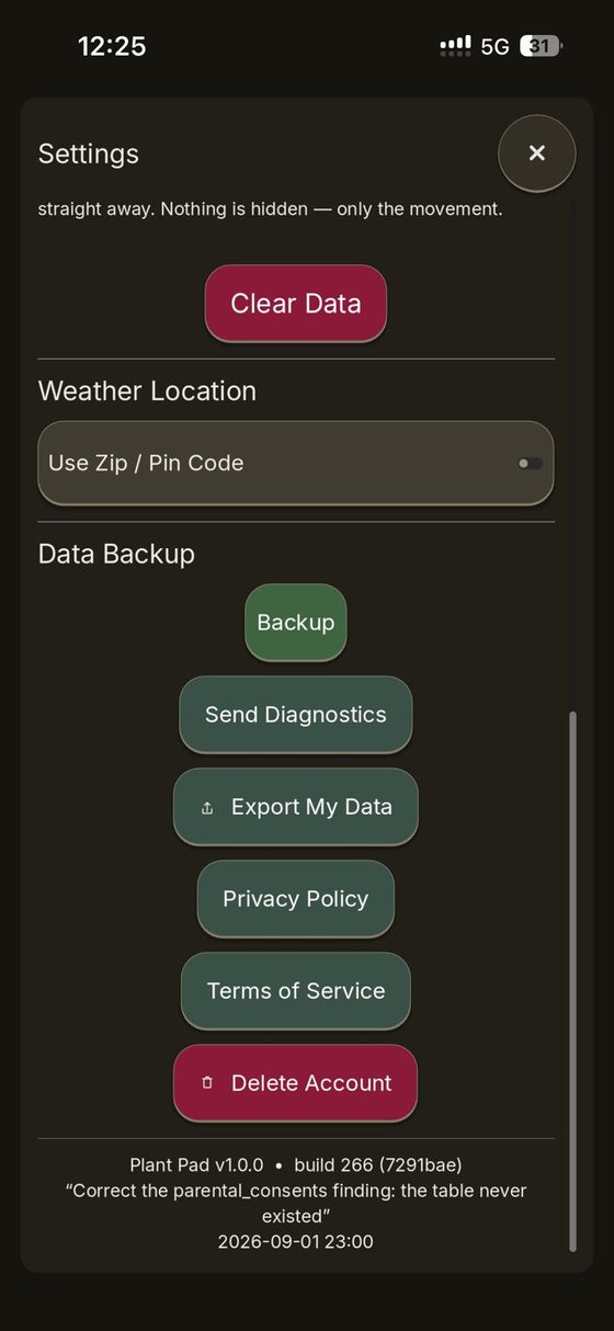 Settings: back up your data, export it, or delete your account.